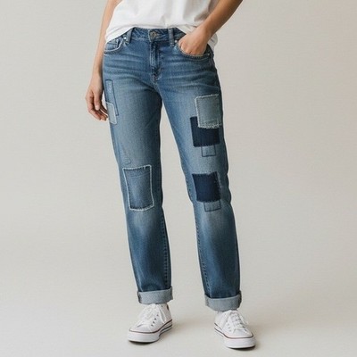 INC International Concepts Patchwork Boyfriend Jeans Blue Medium Wash Size 6