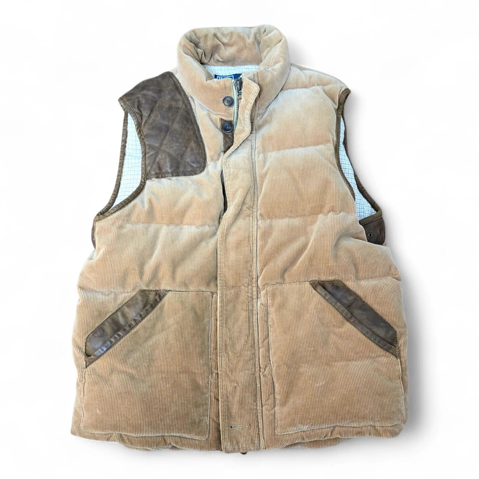 Vtg Polo Ralph Lauren Corduroy Down Puffer Vest Leather Trim Tan Camel Men Large