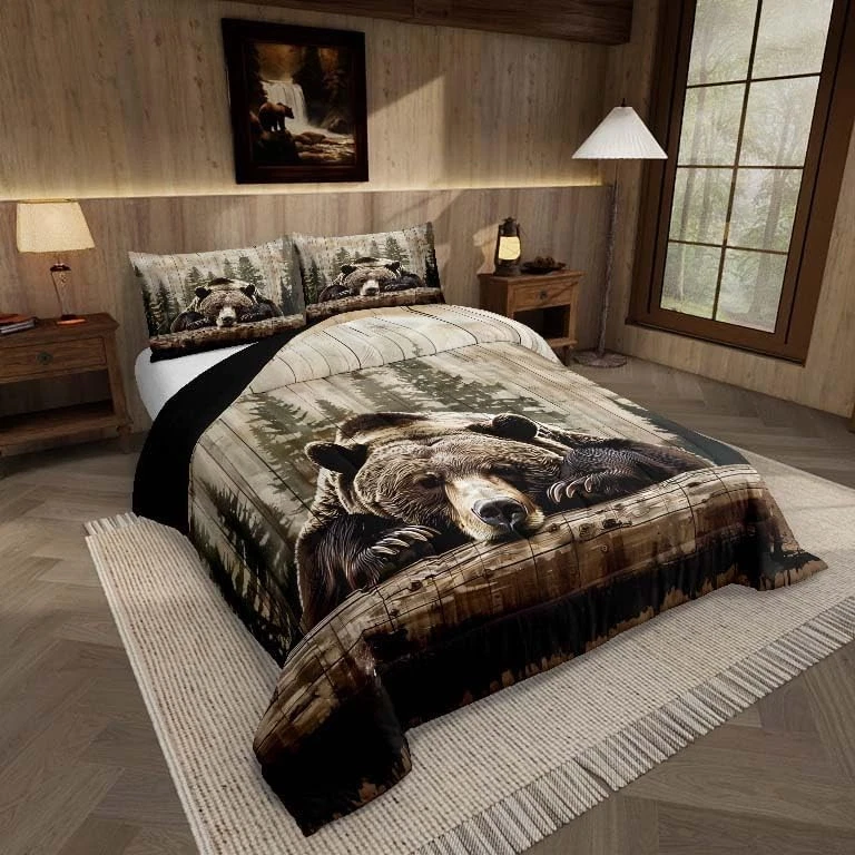 Juego completo de edredón de animales salvajes de caza Grizzly Bear casa de campo rústica Foto 4 de 4