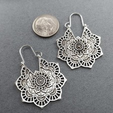 Lotus Flower Hoop Earrings Boho Mandala Drop Silver tone Hippie Festival