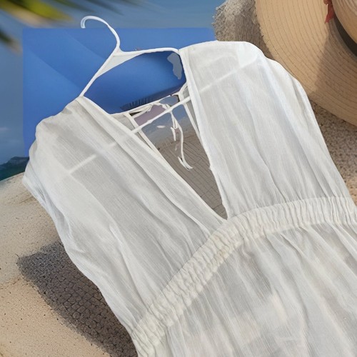Kona Sol white maxi beach cover up 100% cotton side slit elastic waist womens M - Picture 2 of 5
