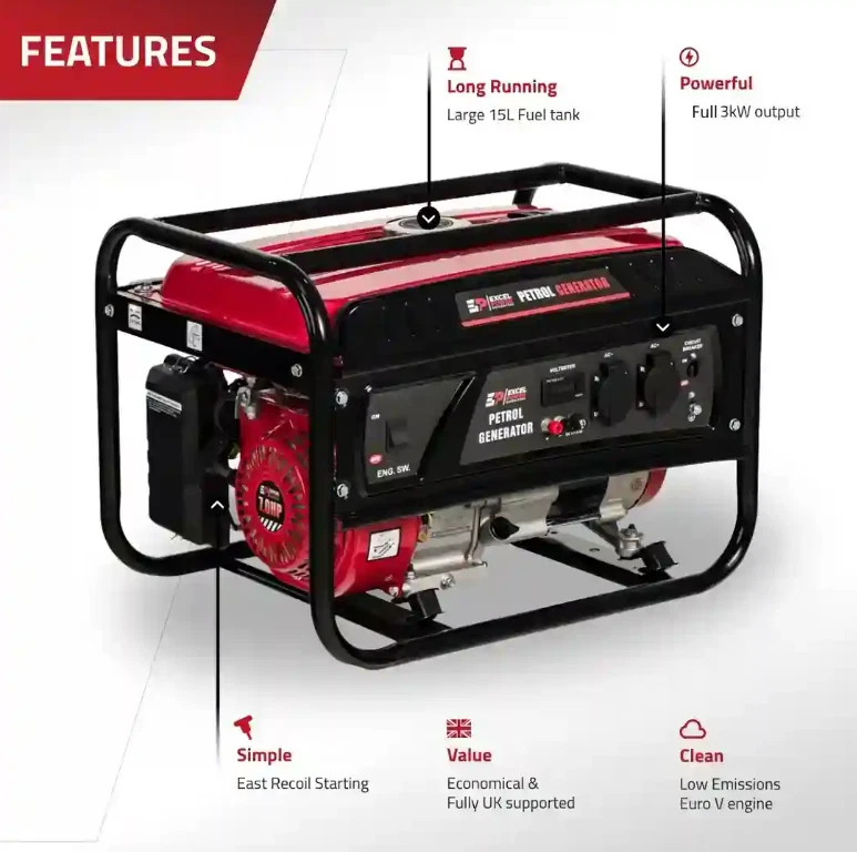 Excel Power 3kW Open Frame Petrol Generator Recreational Camping 2 Year Warranty - Image 2 of 4