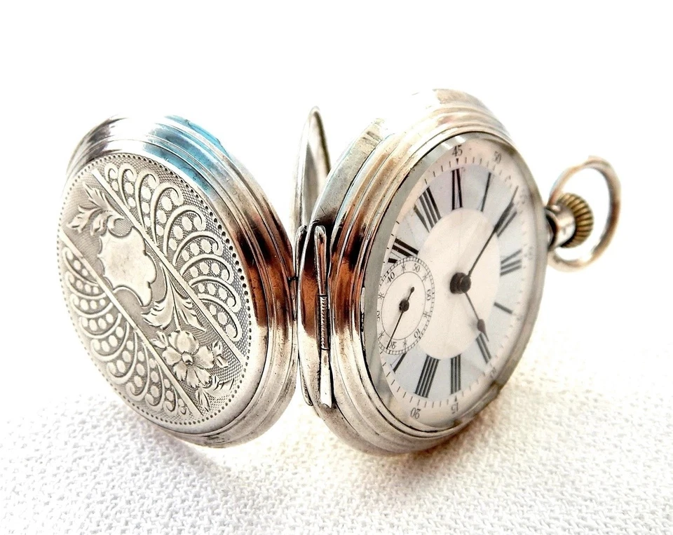 Pocket Watch Remontoir 15 Rubies Dial Porcelain Case Silver 51mm 1900c Working - Image 4 of 4