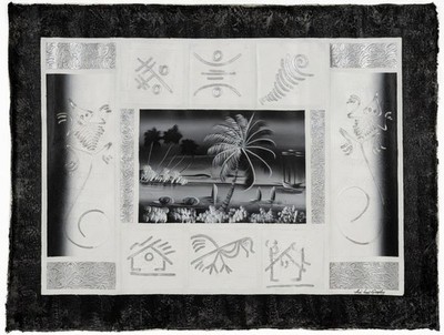 Original Jose Luis Gonzalez Tropical Paradise Painting - Silver Embossed Black &