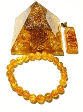 Citrine Crystal Orgone Pyramid & Jewelry Set - Aura Cleansing, Reiki, Meditation
