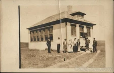 Snapshot of People Outside Schoolhouse Original Vintage Real Photo Postcard RPPC
