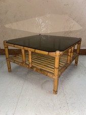 Tavolino Mid-Century in vimini, bambù Rattan e vetro fumé, Italia, anni '70