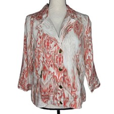 Chicos Snap Up Jacket Medium 1 Beige Orange Ikat Linen 3/4 Sleeve Pockets NWT
