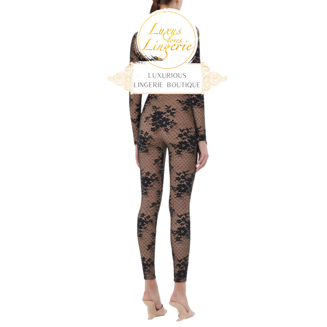 Pattie Jumpsuit by Wolford X N21 36 Vanilla Latte Black Catsuit with Lace Sheer image 5