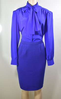 Vintage St. John Royal Blue Silk Pussy Bow Blouse & Coordinating Knit Skirt Sz 6