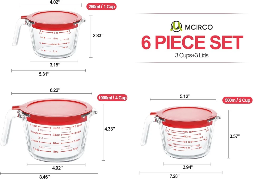 Juego de 6 tazas medidoras de vidrio con tapas, jarras medidoras de 1 taza, 2 tazas y 4 tazas Foto 2 de 4