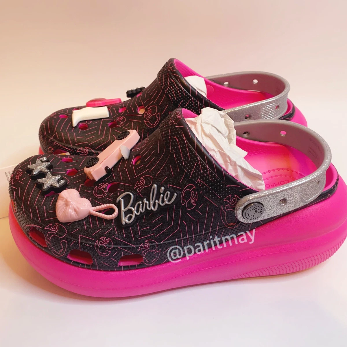 Crocs x Barbie Crush Clog Black & Pink w/ 7 Jibbitz Size 10W/8M (NEW WITH  TAG)