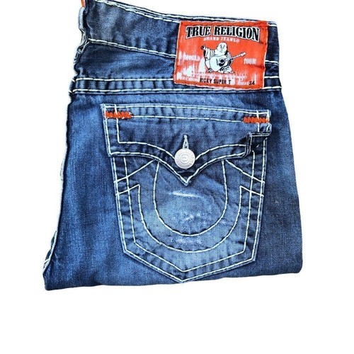 True Religion Jeans Size 38 RICKY SUPER T Blue Trashed Painter Denim - Picture 6 of 9