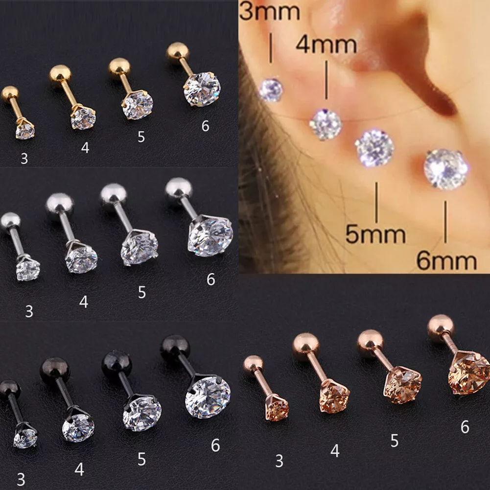 3 4 5 6MM Gem Stainless Steel Earring Stud Cartilage Tragus Bar