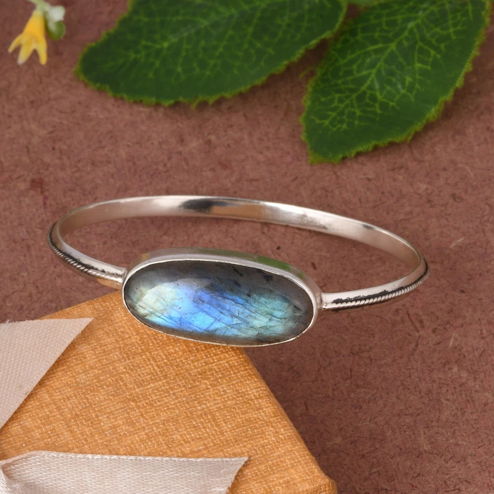 925 Sterling Silver Natural Labradorite Gemstone Sleek Women's Bangle Jewelry - Image 4 of 4