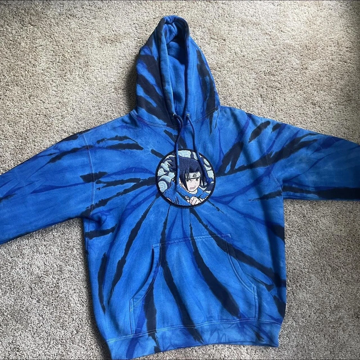 Hypland Men Sweatshirt Large Naruto Sasuke Chenille Hoodie Pullover Blue Tie Dye