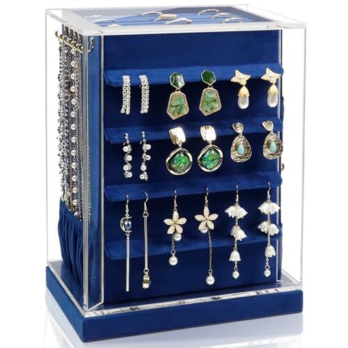 360° Rotating Jewelry Organizer with 5 Drawers in Large Blue for Jewelry Storage-image