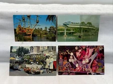 4 Vintage Disneyland Postcards Pirate Ship, Flower Mart, Small World, Monorail