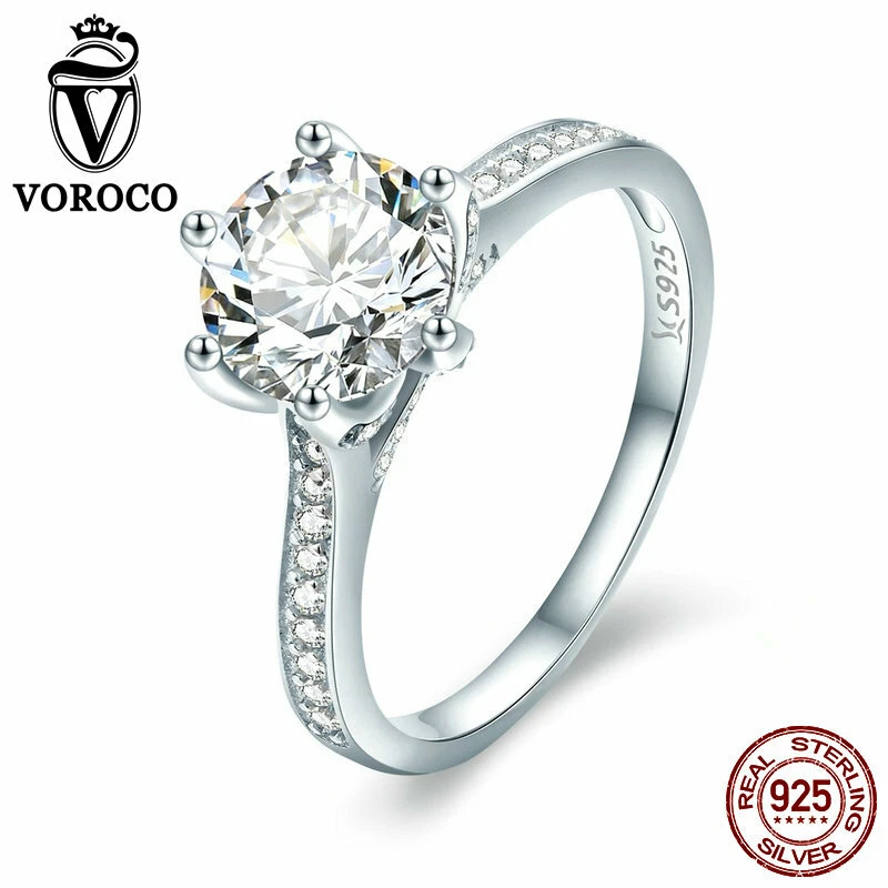 Voroco S925 Sterling Silver Wedding Finger Ring With White CZ