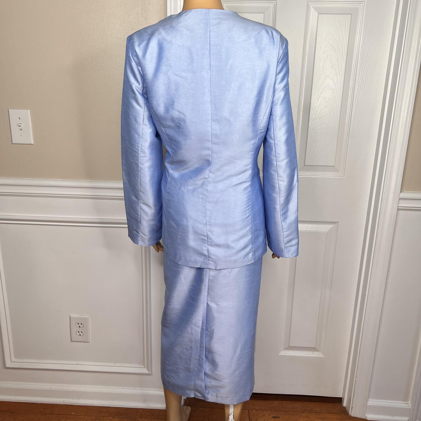 TALLY TAYLOR 3PC Slate Blue Polyester Collarless Cocktail Skirt Suit Top Size 14