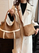 Retro Suede Patchwork Tote Bag with Lamb Fur Trim, Autumn/Winter Trendy Shoulder