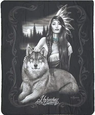 New Native Girl Woman & Wolf Friends Fleece Throw Gift Blanket Indian DGA Soft