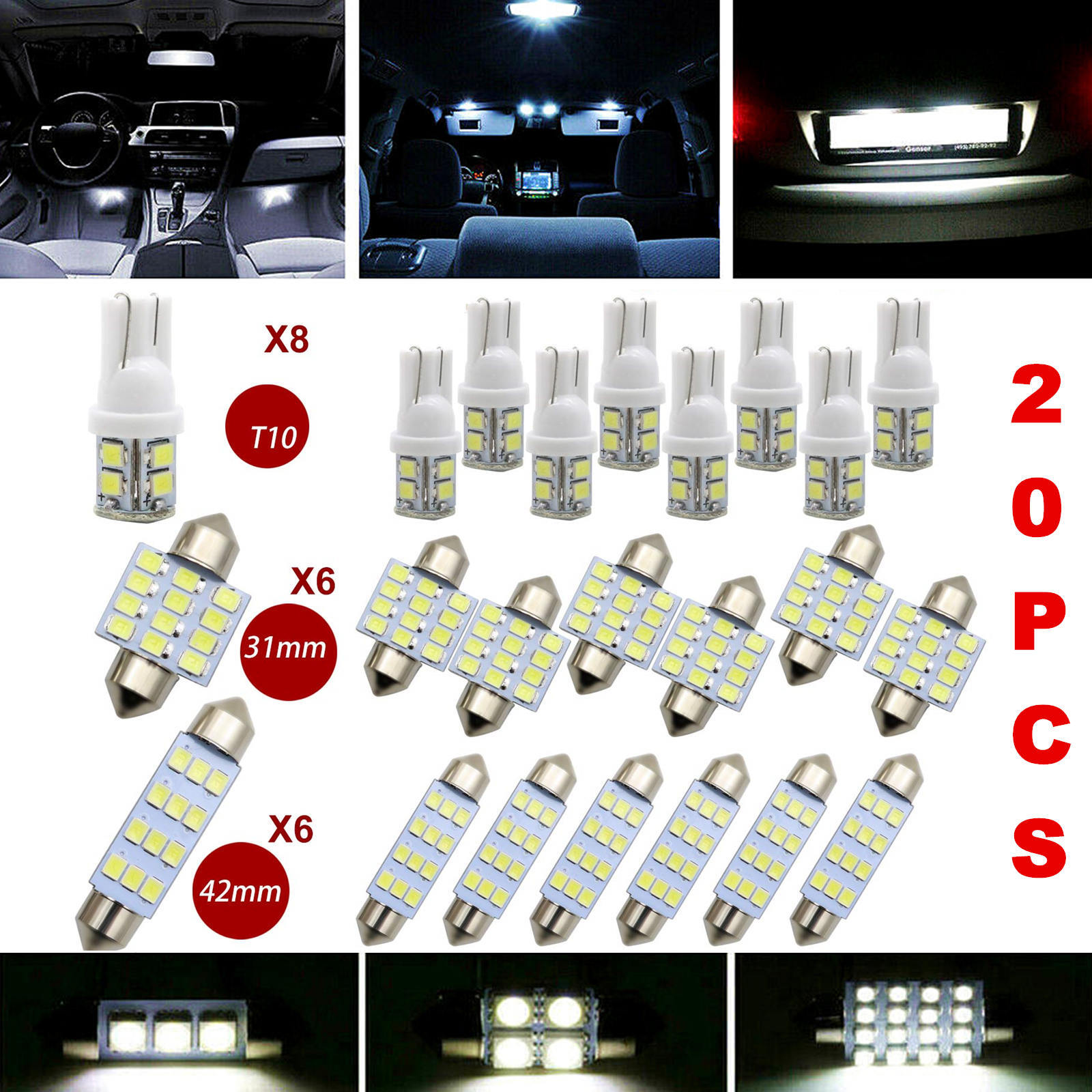 20pcs Car Interior White combo LED Map Dome Door Trunk License Plate Light bulbs