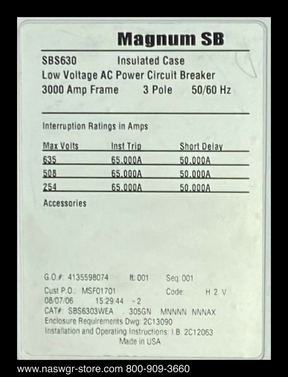 Eaton Magnum SB SBS630WEA Breaker (M/O,D/O) ~ 3000 Amp