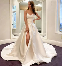 Pleat Sweetheart A Line Wedding Dresses Side Slit Vestido De Satin Appliques