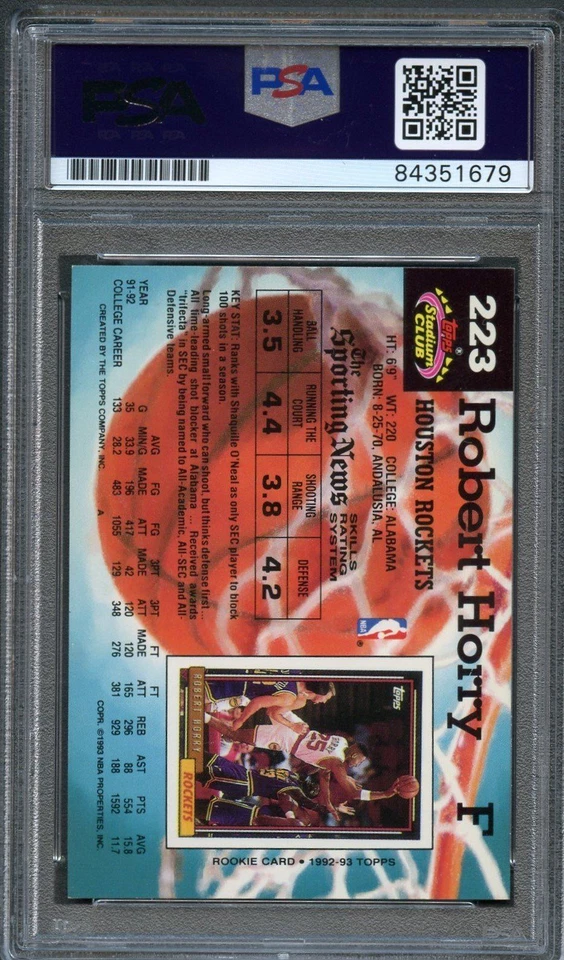 Tarjeta firmada por Robert Horry Topps Stadium Club #223 1992-93 automática 10 PSA losa radiocontrol Foto 2 de 2