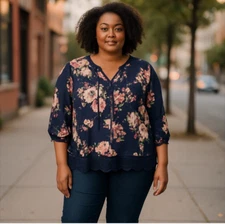 Signature Studio Blouse Women Size Medium Navy Blue Floral Roll Tab Sleeve Lace