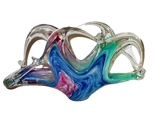 VTG Murano Italy Hand Blown Blues & Pinks Art Glass Vase