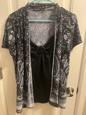 Notations L Blouse 2fer Style Stretch Top Black White Shirt Large Lg