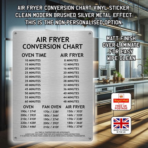 Air Fryer Conversion Chart Vinyl Sticker - Waterproof - Brushed Metal Effect - Picture 1 of 7