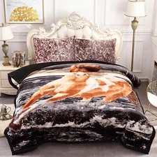 3 Piece Horse Reversible Warm Crafted Mink Plush Sherpa Bed Blanket Queen 8lbs