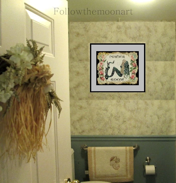 Powder Room Pretty Black haired Mermaid Pink Vintage Roses Nautical  Art print - Image 4 of 4