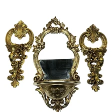 VTG 1977 Syroco Gold Ornate Wall Mirror Shelf & Sconces 2327 Hollywood Regency