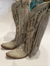 Corral Handcrafted Fringe Cowboy Boots Womens 9 Leather Turquoise Studs . Free S