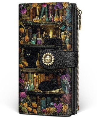 Black Cat Book Shelf Womens Wallet RFID Blocking, Witchy Credit Card Holder B...