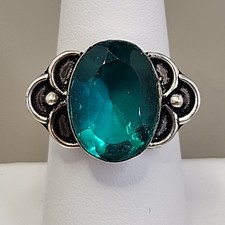 Glass Ring Green Blue Faceted Oval 925 Sterling Silver Scalloped Sz 8