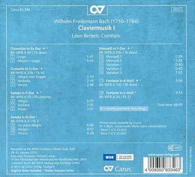 LÉON BERBEN WILHELM FRIEDMANN BACH: CLAVIERMUSIK, VOL. 1 NEW CD