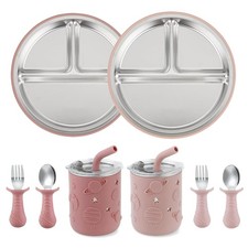 Pink Stainless Steel Baby Feeding Set Divided Suction Plate