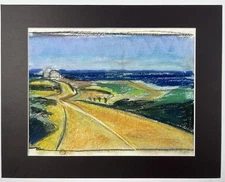 Vtg Impressionism Pastel Drawing Rural Landscape Abstract Fields & Sea 11x14”