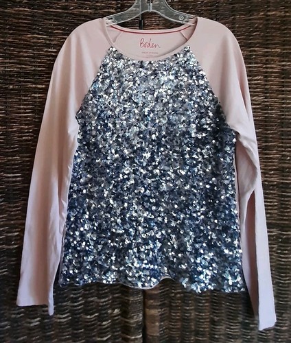 Mini Boden Raglan Long Sleeve Tee Shirt Top 13 14 Pink Sequins Sparkly Holidays