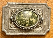 Vintage silver and black colored green hued real stone cabochon belt buckle