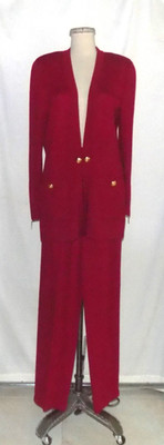 St John 2pc Red Santana Knit w/Gold Accents Cardigan Jkt & Pleated Pants Set S/4