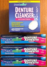 FRESHMINT DENTURE ADHESIVE CREAM 2.4oz  + TABS 40/ct  *LOT OF 4* EXP: 09/2026