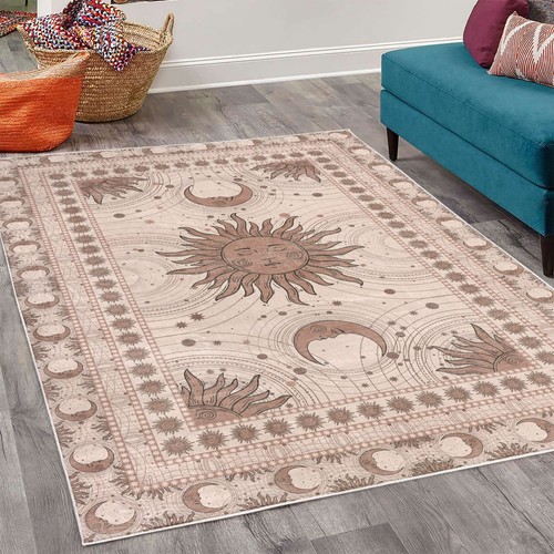 Sun and Moon Decorative Rug, Bohemian Artwork Design of Crescent Solar Orname... - Picture 2 of 5