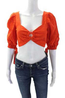 Finders Keepers Women's Puff Sleeves O-Ring Cropped Top Blouse Orange Size XS