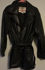 EUC Vintage Laura Winston Long Leather Jacket Black Tie Up Belt Women  s Medium